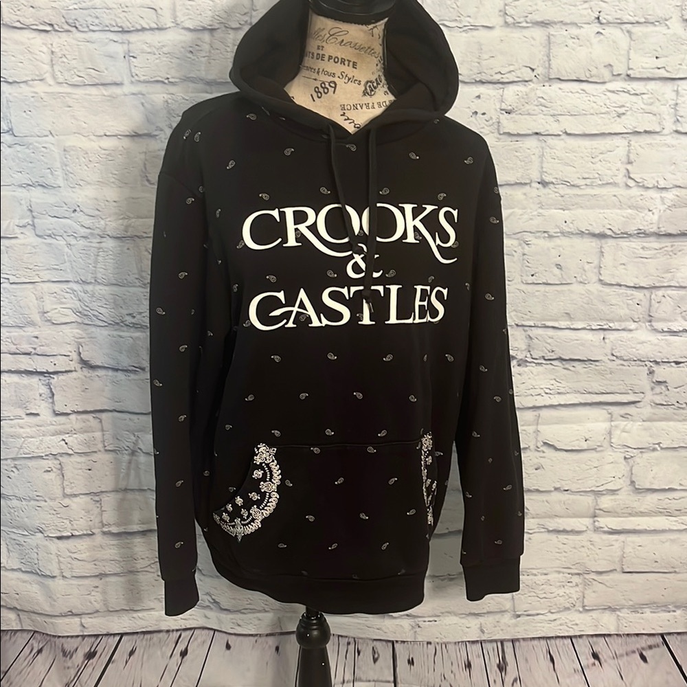 Crooks & Castles Black Hoodie Sweatshirt Pockets Paisley Size Medium